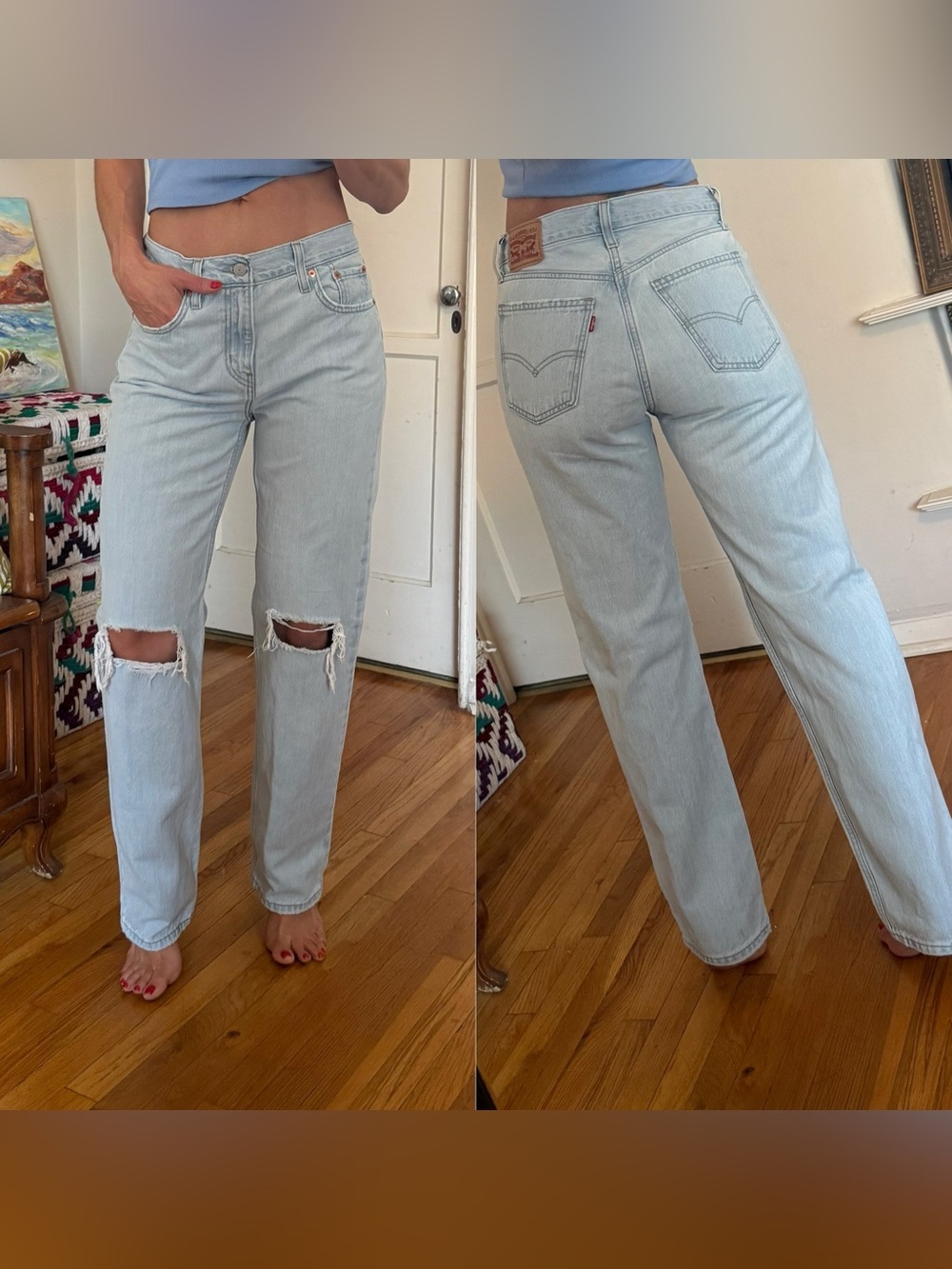 Levi's Light Low Pro Straight Blue High-Rise Straight Leg Jeans with Knee Rips